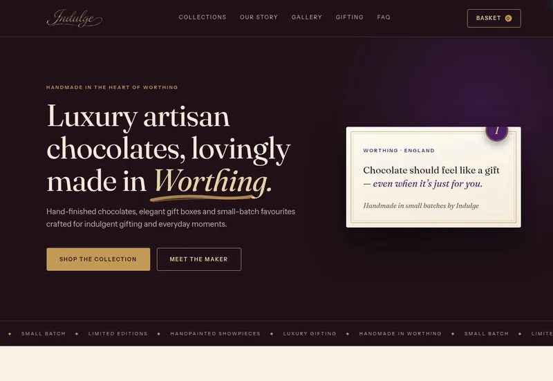 Homepage headline “Luxury artisan chocolates, lovingly made in Worthing”